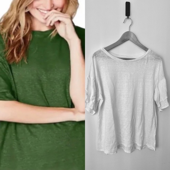 J. Jill Womens 100% Linen White Flutter Sleeve Top Blouse Tee Size M Scoop Neck - Picture 1 of 7